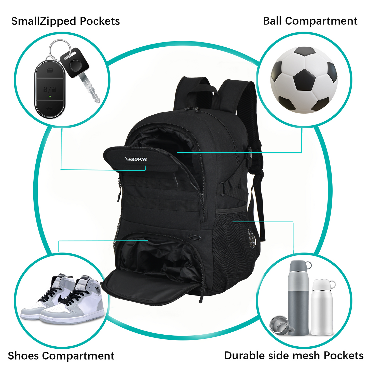 LARIPOP Boys Soccer Bag - Soccer Backpack, Colorful Waterproof Sports Bag Suitable for Volleyball, Basketball Accessories, Large Capacity Equipment Bag Gifts, with Ball Compartment and Laptop Compart