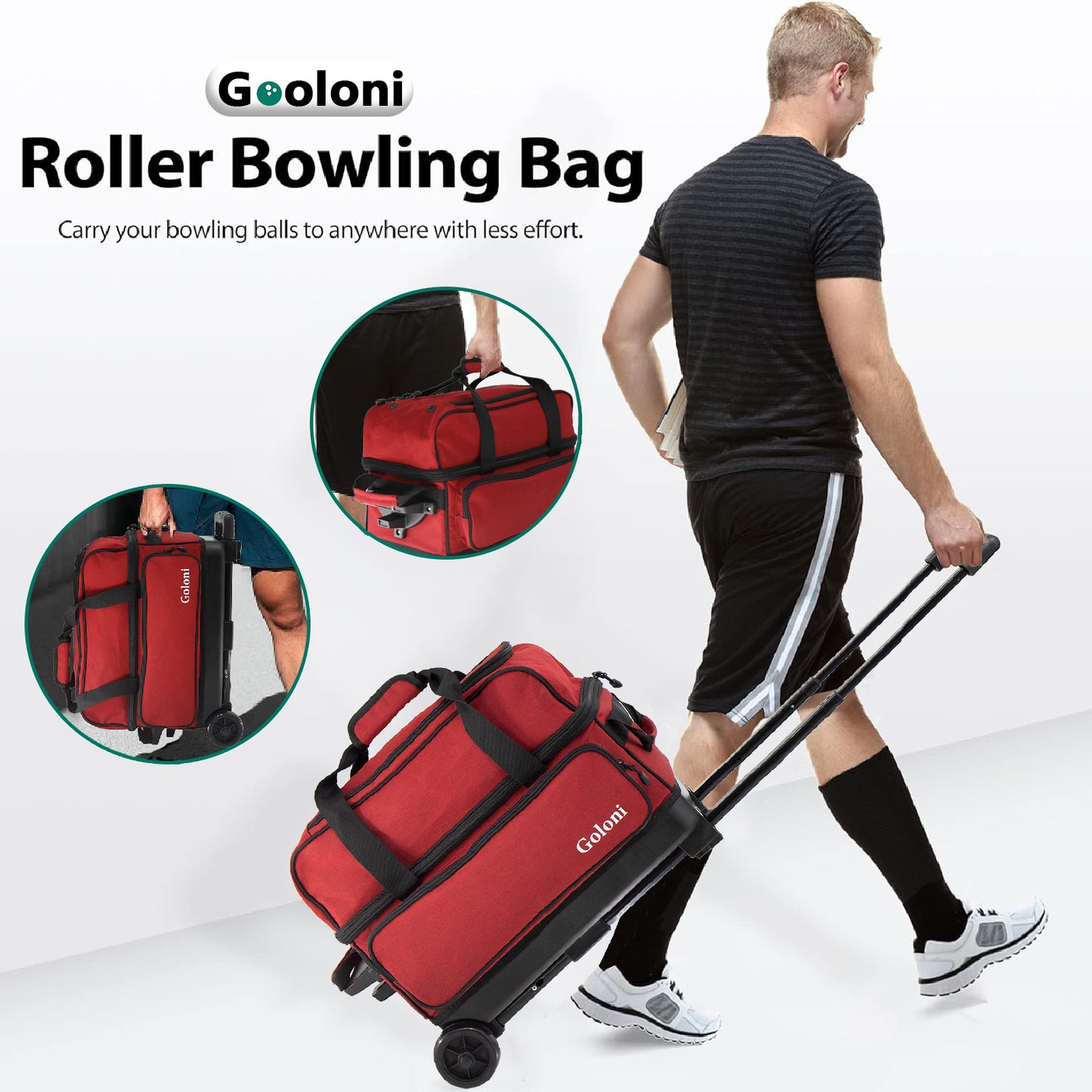Goloni Double Roller 2 Ball Bowling Bag with Large Separate Shoe Compartment for Bowling Shoes (Up To US Mens Size 15) -Retractable Handle Extends to 40"
